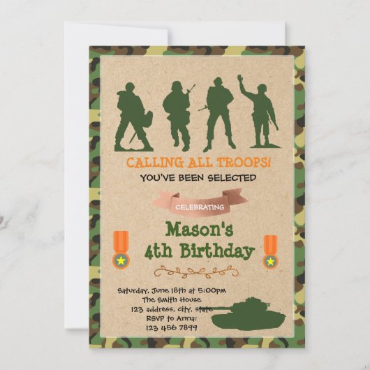 かわいい軍隊の兵隊さん 誕生日パーティーの招待状 招待状 (正面)