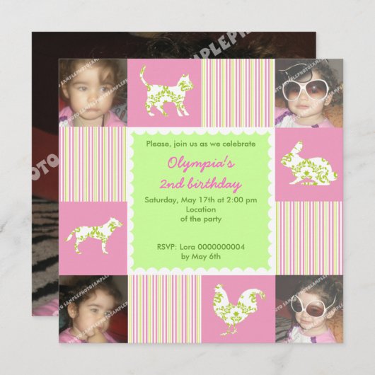 かわいい農園動物とストライプの誕生日の招待 招待状 (正面/裏面)