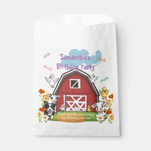 かわいい農園動物と赤い納屋の誕生日パーティー フェイバーバッグ (正面)
