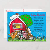かわいい農園動物と赤い納屋の赤ちゃんシャワー招待状 ポストカード (正面/裏面)