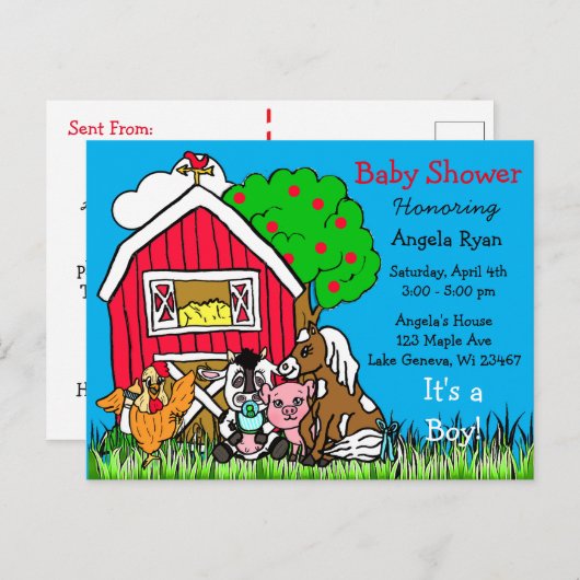 かわいい農園動物と赤い納屋の赤ちゃんシャワー招待状 ポストカード (正面/裏面)