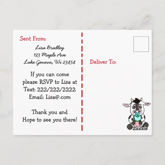 かわいい農園動物と赤い納屋の赤ちゃんシャワー招待状 ポストカード (裏面)