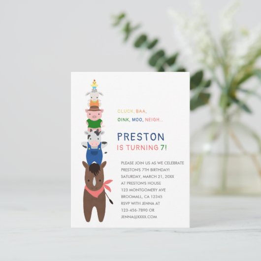 かわいい農園動物の誕生日パーティーの招待状 ポストカード (スタンド正面)