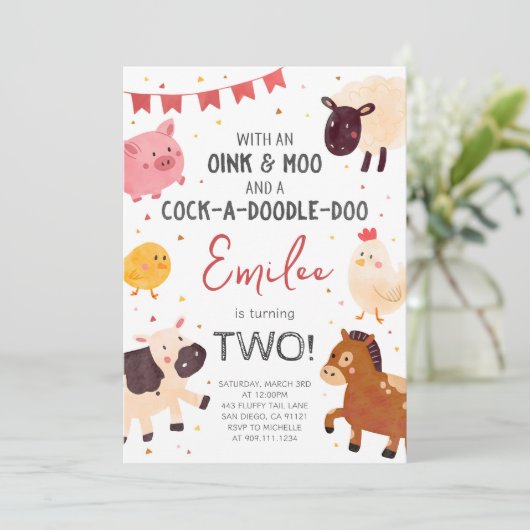 かわいい農園動物の誕生日パーティーの招待状 招待状 (スタンド正面)