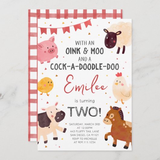 かわいい農園動物の誕生日パーティーの招待状 招待状 (正面/裏面)