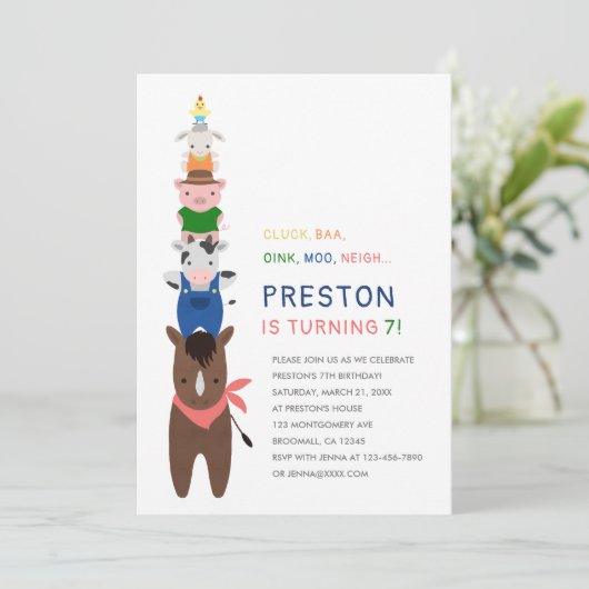 かわいい農園動物の誕生日パーティーの招待状 招待状 (スタンド正面)