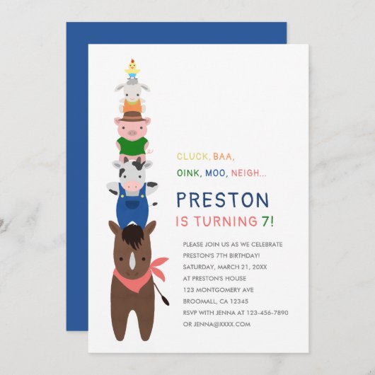 かわいい農園動物の誕生日パーティーの招待状 招待状 (正面/裏面)