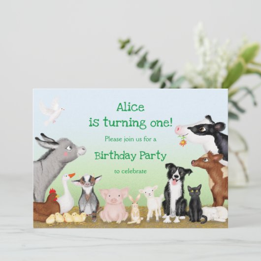 かわいい農園動物の誕生日パーティーの招待 招待状 (スタンド正面)