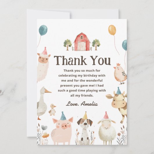 かわいい農園動物の誕生日パーティーサンキューカード 招待状 (正面)