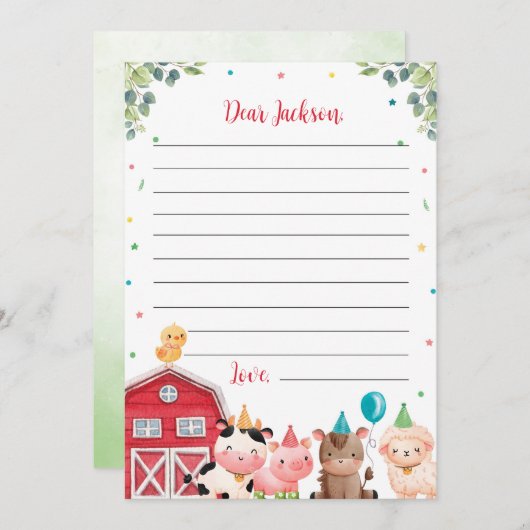 かわいい農園動物タイムカプセルノートメッセージカード サンキューカード (正面/裏面)