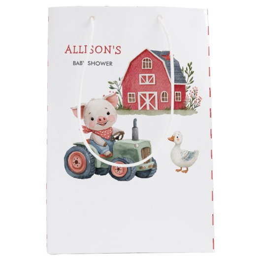 かわいい農園動物ブタ納屋周囲の庭ベビーシャワー ミディアムペーパーバッグ (正面)