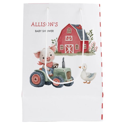 かわいい農園動物ブタ納屋周囲の庭ベビーシャワー ミディアムペーパーバッグ (裏面)