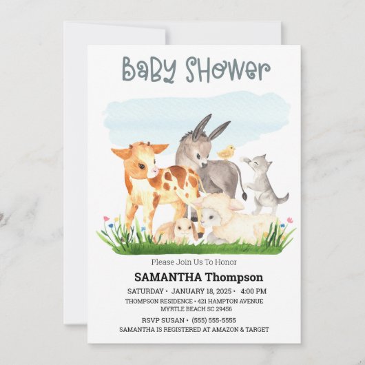 かわいい農園動物ブルーボーイズ赤ちゃんシャワー 招待状 (正面)