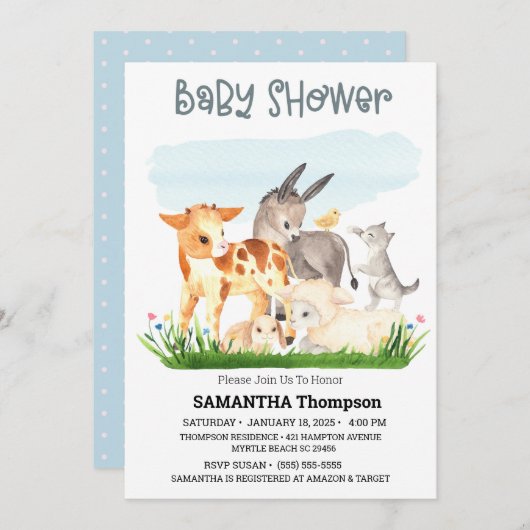 かわいい農園動物ブルーボーイズ赤ちゃんシャワー 招待状 (正面/裏面)