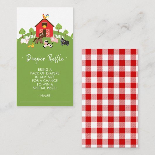 かわいい農園動物ベビーシャワーおむつラッフルチケット エンクロージャーカード (正面/裏面)