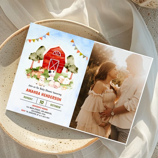 かわいい農園動物ベビーシャワーパーティー 招待状