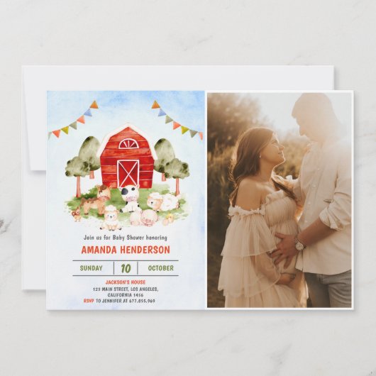 かわいい農園動物ベビーシャワーパーティー 招待状 (正面)
