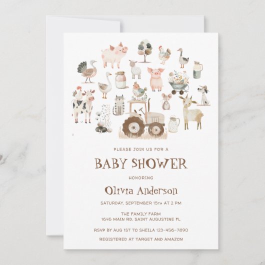 かわいい農園動物納屋周囲の庭ニュートラルベビーシャワー 招待状 (正面)