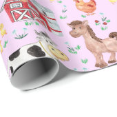 かわいい農園動物納屋周囲の庭ピンク背景 ラッピングペーパー (ロールコーナー)