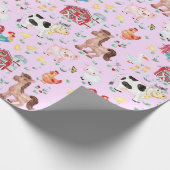 かわいい農園動物納屋周囲の庭ピンク背景 ラッピングペーパー (角)