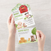 かわいい農園動物納屋周囲の庭ベビーシャワー オールインワン招待状 (貼ってはがせる)