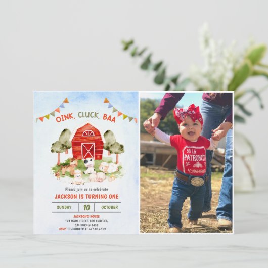 かわいい農園動物納屋周囲の庭誕生日パーティー 招待状 (スタンド正面)