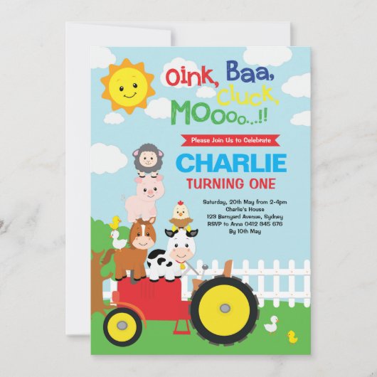 かわいい農園動物納屋周囲の庭誕生日ペット動物園 招待状 (正面)