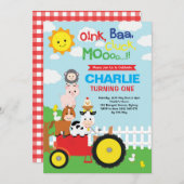 かわいい農園動物納屋周囲の庭誕生日ペット動物園 招待状 (正面/裏面)