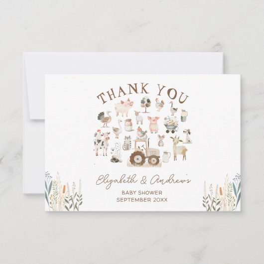 かわいい農園動物納屋周囲の庭赤ちゃんシャワーありがとう カード (正面)