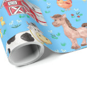 かわいい農園動物納屋周囲の庭青い背景 ラッピングペーパー (ロールコーナー)