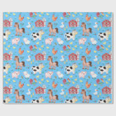 かわいい農園動物納屋周囲の庭青い背景 ラッピングペーパー (フラット)