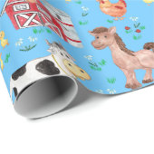 かわいい農園動物納屋周囲の庭青い背景 ラッピングペーパー (ロールコーナー)