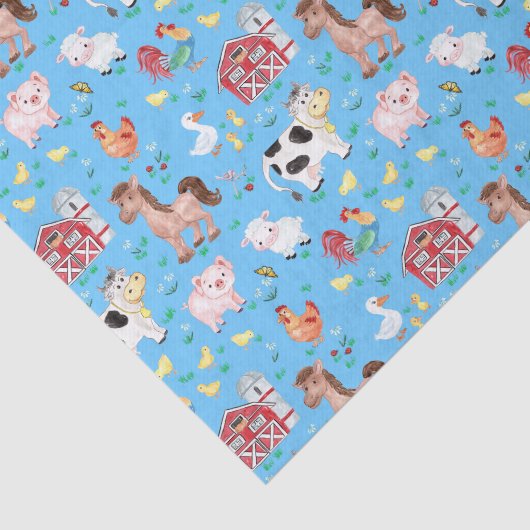 かわいい農園動物納屋周囲の庭青い背景 薄葉紙 (詳細)