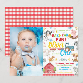 かわいい農園動物納屋周囲の庭1歳の誕生日ワンフォト 招待状