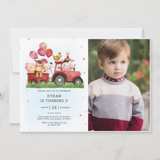かわいい農園動物納屋周囲の庭1st誕生日の写真 招待状 (正面)