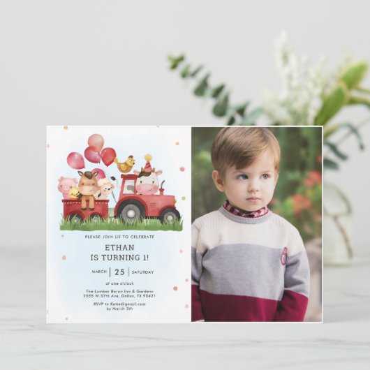 かわいい農園動物納屋周囲の庭1st誕生日の写真 招待状 (スタンド正面)