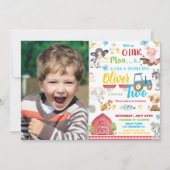 かわいい農園動物納屋周囲の庭2nd誕生日2枚の写真 招待状 (正面)