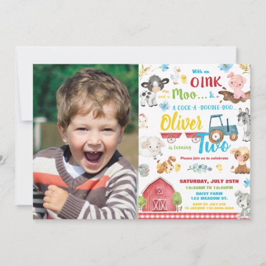 かわいい農園動物納屋周囲の庭2nd誕生日2枚の写真 招待状 (正面)