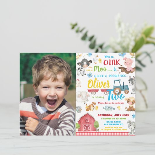 かわいい農園動物納屋周囲の庭2nd誕生日2枚の写真 招待状 (スタンド正面)