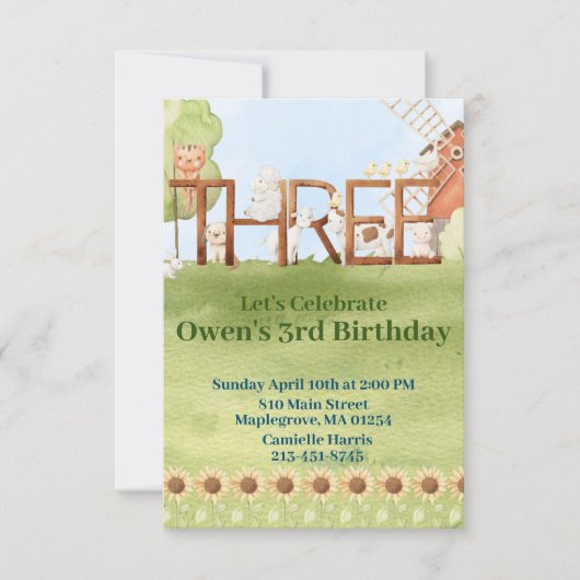 かわいい農園動物納屋周囲の庭3歳 招待状 (正面)