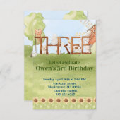 かわいい農園動物納屋周囲の庭3歳 招待状 (正面/裏面)