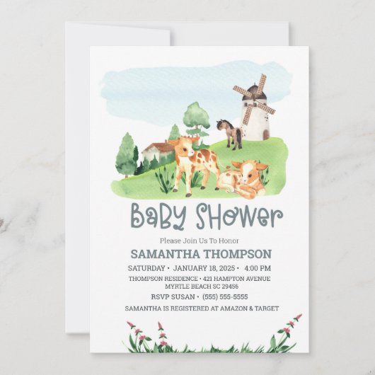 かわいい農園動物緑の少年の赤ちゃんシャワー 招待状 (正面)