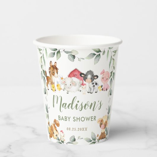 かわいい農園動物緑の誕生日赤ちゃんシャワー 紙コップ (正面)