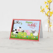 かわいい農園動物誕生日グリーティングカード カード (黄色い花)