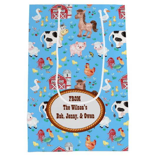 かわいい農園動物赤ちゃんシャワーブルー ミディアムペーパーバッグ (裏面)