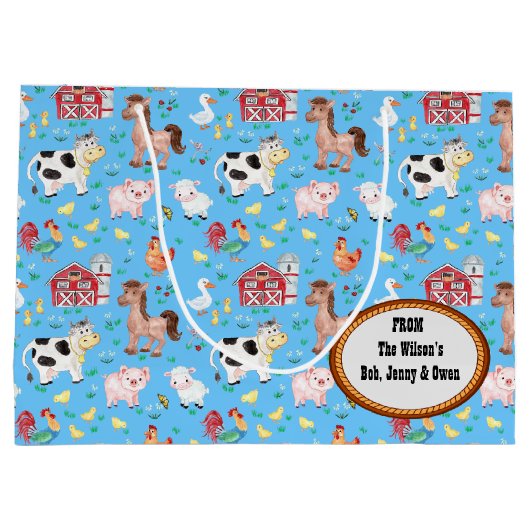 かわいい農園動物赤ちゃんシャワーブルー ラージペーパーバッグ (裏面)