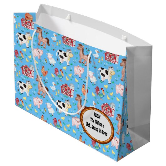 かわいい農園動物赤ちゃんシャワーブルー ラージペーパーバッグ (裏面アングル)