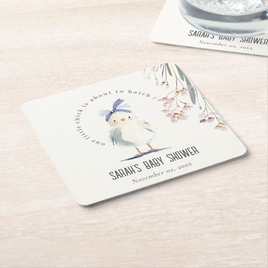 かわいい農場のひよこ 水彩花 赤ちゃんのシャワー スクエアペーパーコースター (アングル)