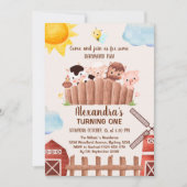 かわいい農場の動物たちと一緒に！ バーンヤード 1歳の誕生日パーティーへようこそ 招待状 (正面)