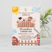 かわいい農場の動物たちと一緒に！ バーンヤード 1歳の誕生日パーティーへようこそ 招待状 (スタンド正面)